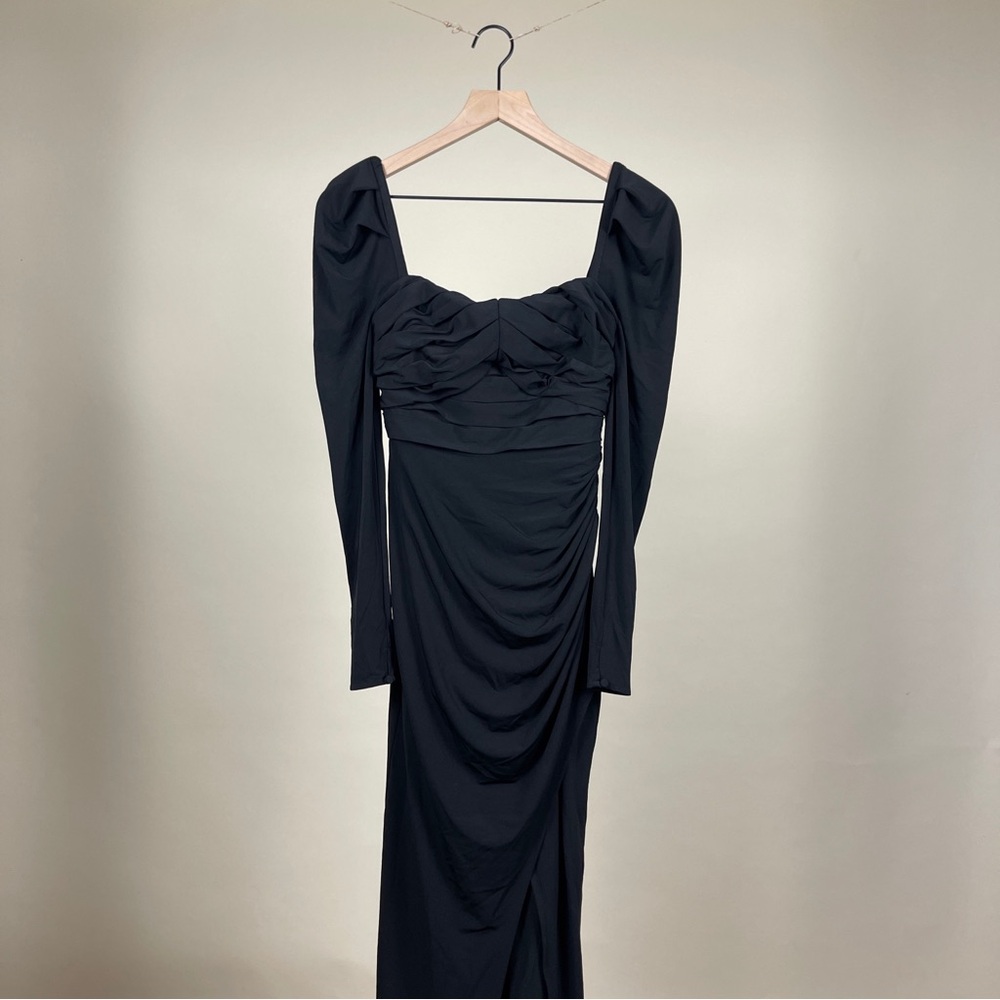 NWT Self-Portrait Jersey Gathered Midi Dress in Black - Picture 7 of 12